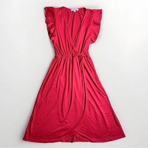A26 NWOT Velvet Torch Faux Flowy Wrap Dress A Line Front Tie V Neck Red Sz Small